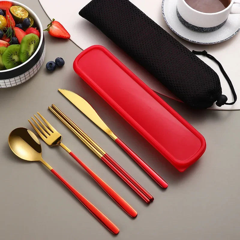 Portable Travel Utensils Set with Case Stainless Steel Knife Forks Spoons Chopsticks for Lunch Box Office Picnic Dinnerware Use